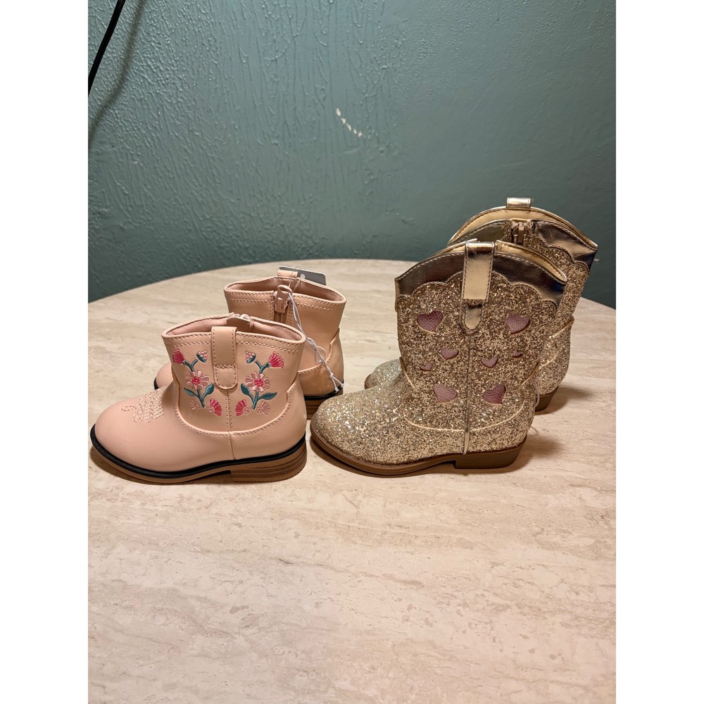 Cat & Jack Toddler Girls Western Boots Lot 2 Whitley Blush Pink Dallas Gold Sz 8